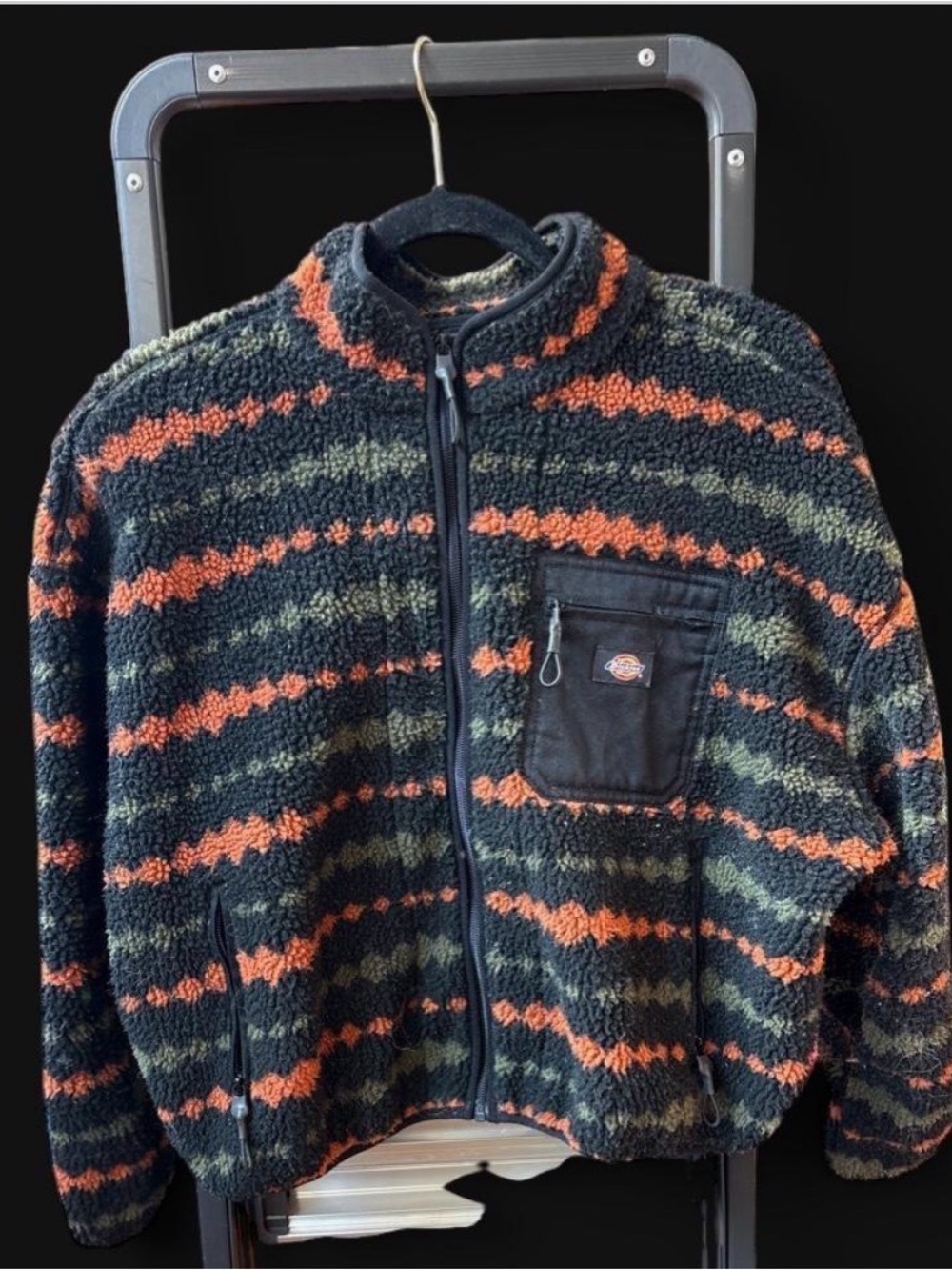 Dickies Black Fleece Zip-Up Sweater with Orange and Olive Stripes XL